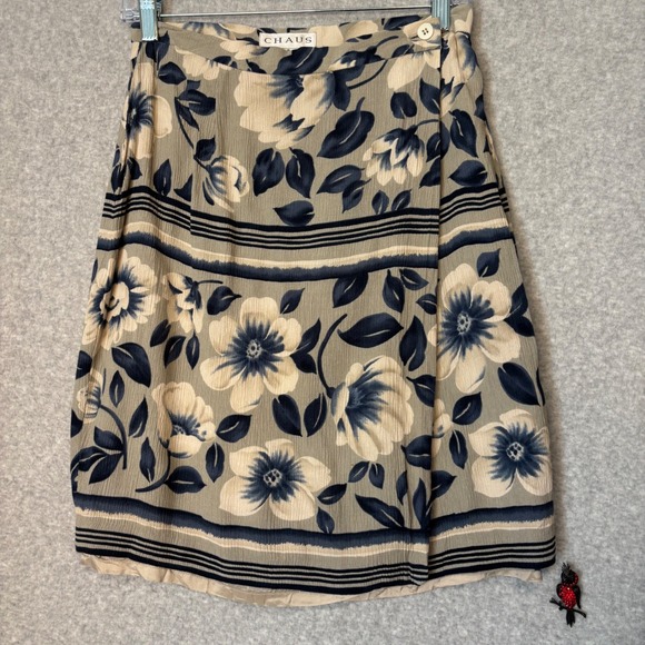 Vintage Chaus Women's 6 Floral Print Wrap Skirt Beige Blue Rayon Knee Length y2k - Picture 1 of 9